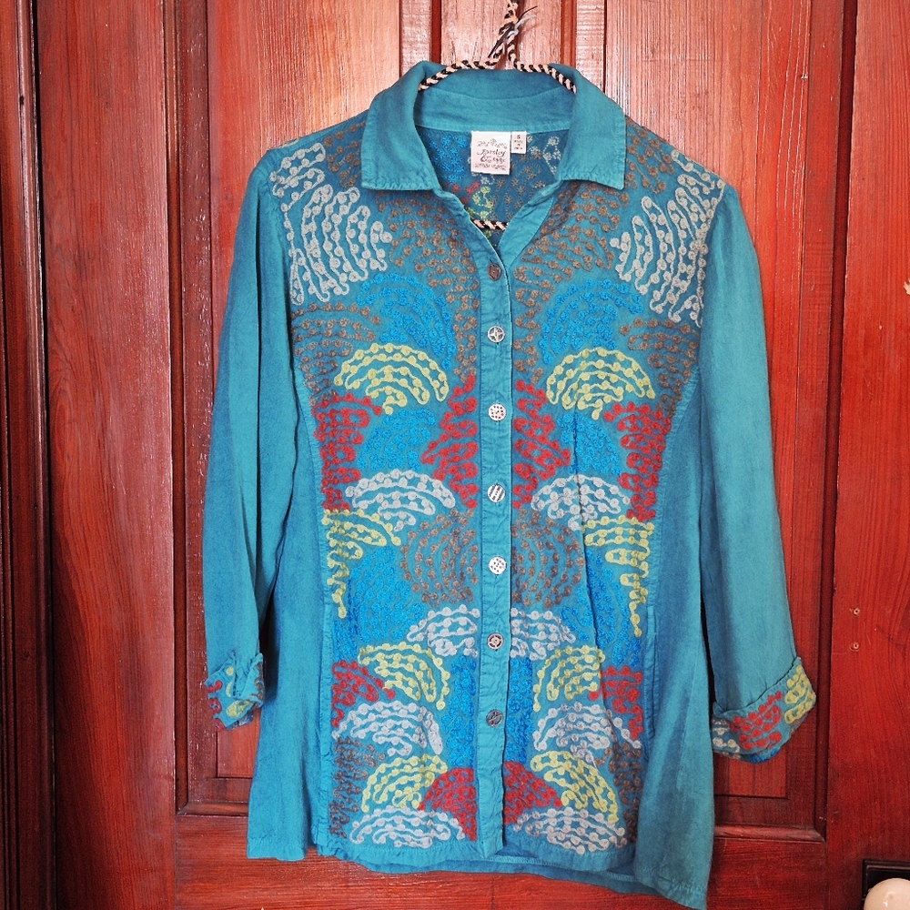 Parsley And Sage Teal Blue Embroidered Long Sleeve Top Small